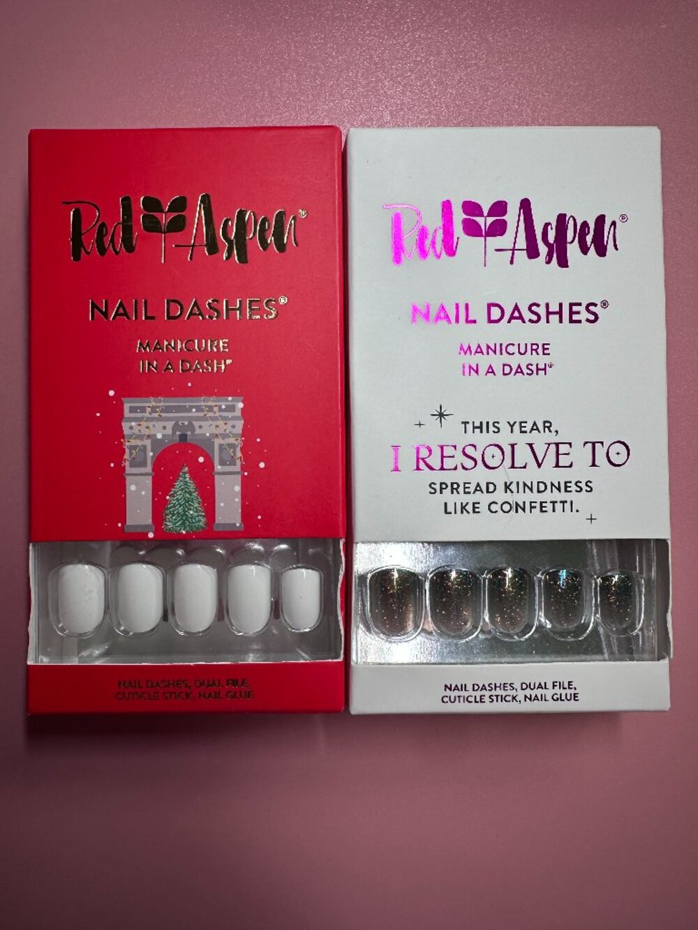 Red Aspen Press On Nails Bundle –2 Unused Sets –White & Iridescent/Glitter Short